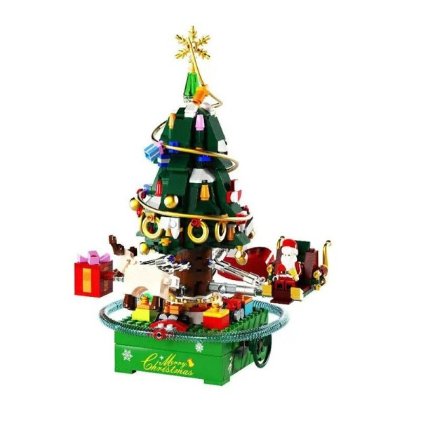 Jul träd med ljus musik byggklossar set tåg stad dekoration tegelstenar leksaker