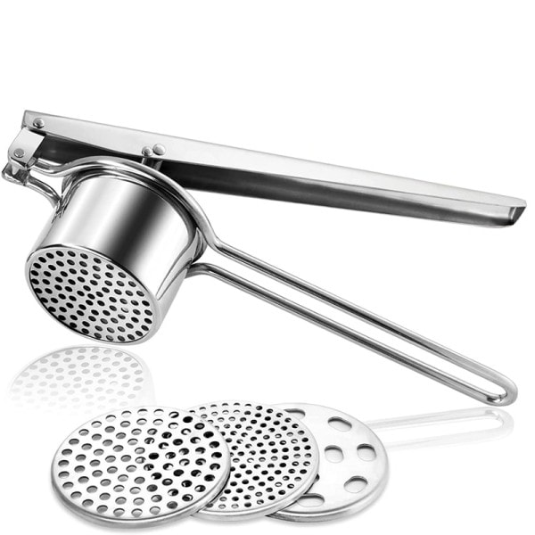 Rostfritt stål Potatis Ricer Manuell Potatis Krossare Med 3 Utbytbara Skivor Frukt Juicer