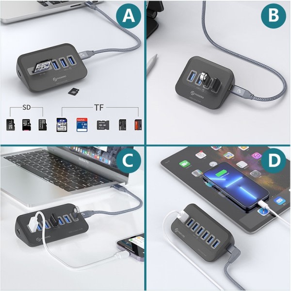 USB 3.2 Docking Station Hub Typ C Splitter Adapter Multi Portar Flera Socket OTG 3.0 med SD kort läsare