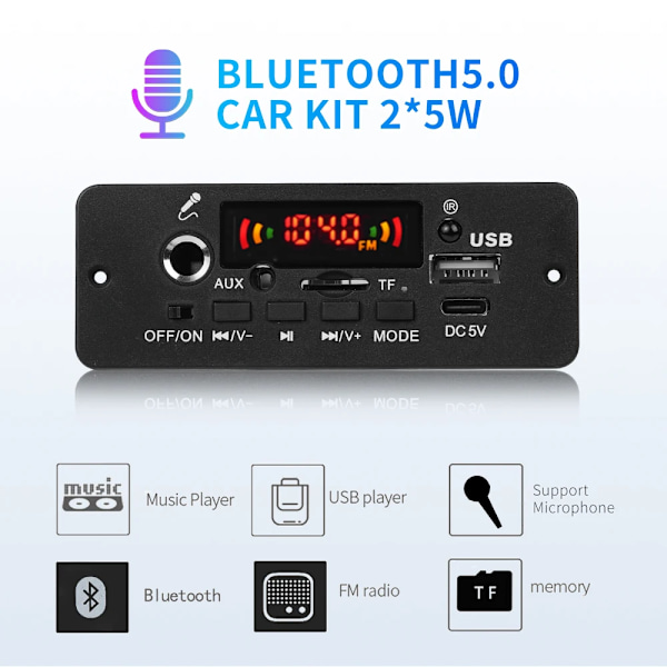 DC 5V 10W Bluetooth 5.0 Stereo DIY Bil MP3 Spelare Dekoder kort