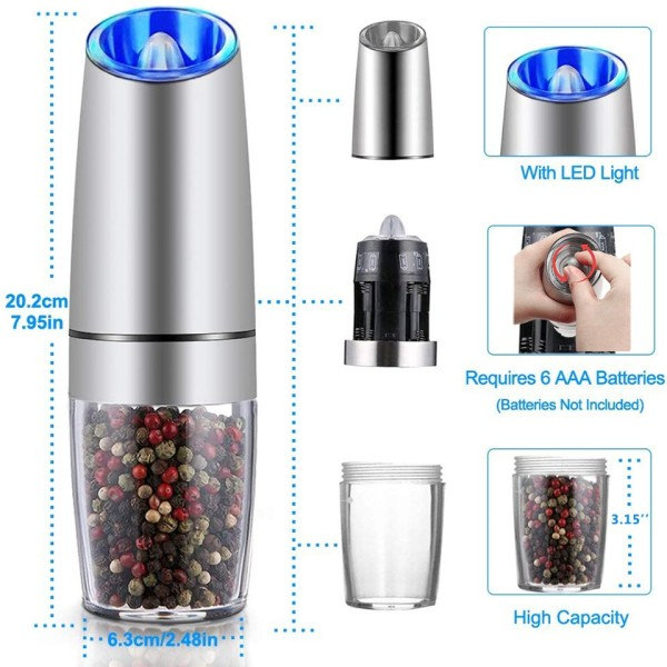 Elektrisk peppar kvarn batteri automatisk gravitation induktion rostfritt stål kvarn kök prylar salt shaker kvarnar