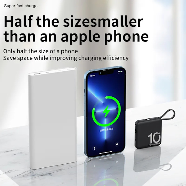 Mini Power Bank 30000mAh Bärbar Extern Batteri Pack Inbyggd kabel Power banker Reserv batterier