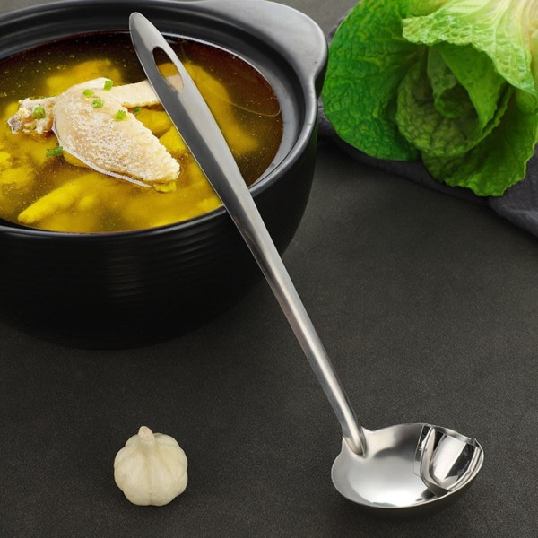 Rustfrit stål dørslag ske suppe kolander køkken suppe sovs olie suppe fedt separator øser skimmer ske