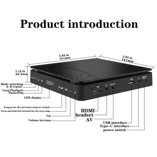 Hög kvalitet Woopker DVD Spelare HD Spelare HDMI AV Anslutning Med USB ingång Hörlurar utgång  touch LED Skärm HD 1080P Typ-C 5V / 2A