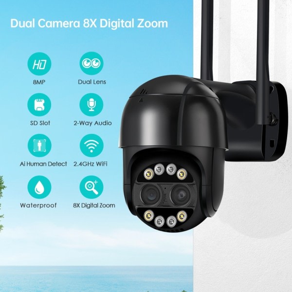 8x Zoom Dobbellinse Menneske Oppdag CCTV Kamera 4MP Smart Hjem Utendørs Wifi Overvåking Kamera