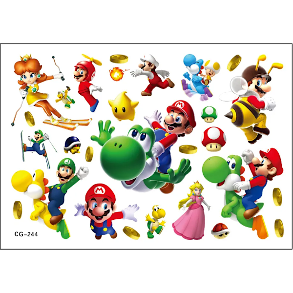 Super Mario Bros Tatuering Klistermärken Kawaii Anime Figur Leksaker Barn Grattis Födelsedag Fest Dekoration