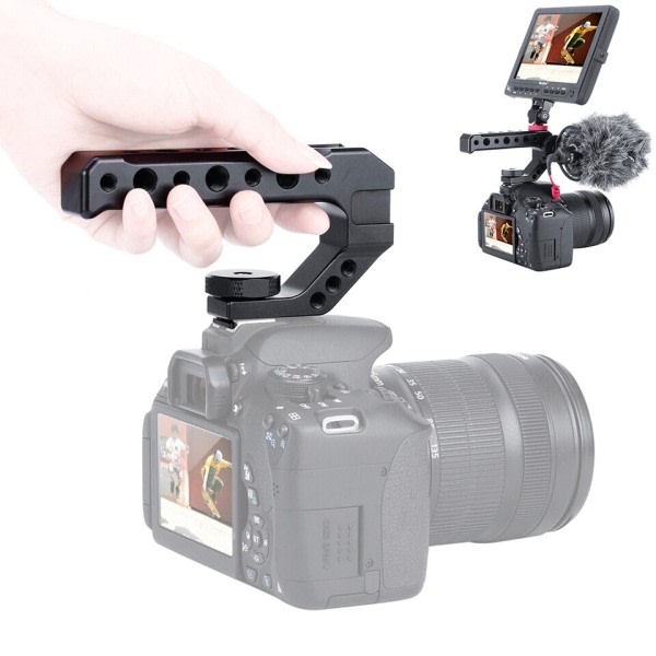 Aluminium DSLR Topp Handtag Grip w Kall Sko Mount 1/4'' 3/8'' for Monitor Microphone Video Light