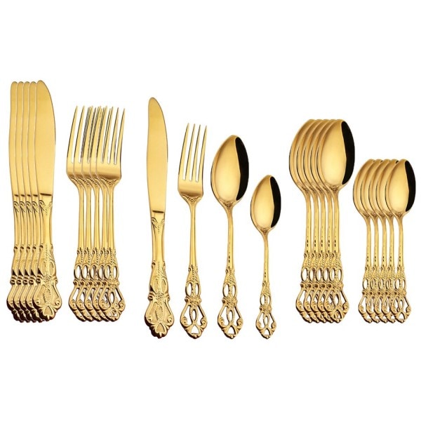 24st Bestick Set Guld Servis Rostfritt Stål Kungligt Sked Gafflar Kniv Kök Western Dinner Silver Servis