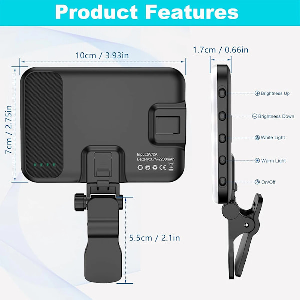 Minifokus Selfie Ljus 60 LED 2200mAh Uppladdningsbar Cell Phone Fill Light 7 Modes 10-Level Lightness, Portable Clip-on Light