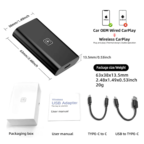 Wireless CarPlay Adapter for Apple iPhone Kablet til Wireless Carplay
