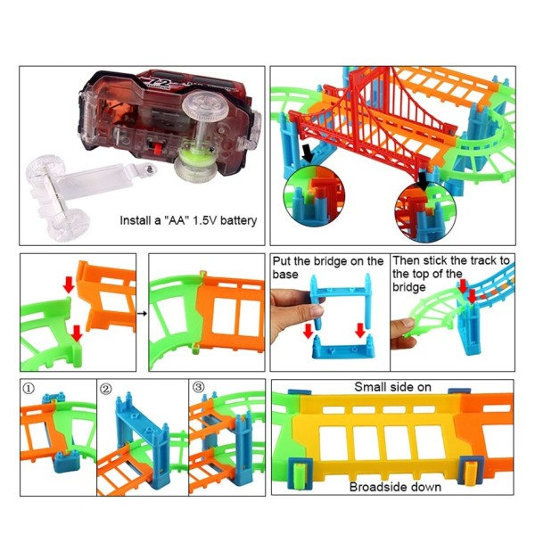 Jernbane Racing Bor Leke Set Educational DIY Bend Flexible Race Track Elektronisk Blits LED Lys Bil Leker