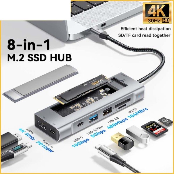 8-i-1 USB Hub Med Disk Lagring Funksjon USB Type-c til HDMI-kompatibel Laptop Dock Stasjon
