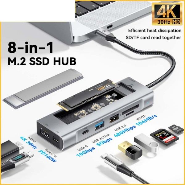 8-i-1 USB Hub Med Disk Lagring Funktion USB Typ-c till HDMI-kompatibel Laptop Dock Station