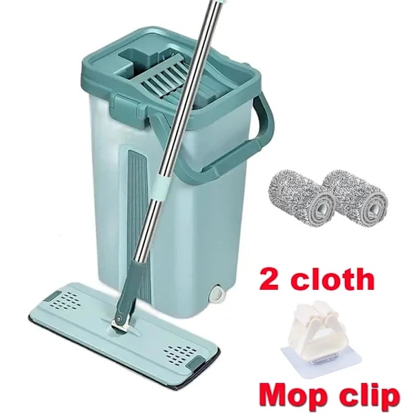 Litteä puristava moppi kauhalla käsi vapaa vääntö lattia puhdistus moppi mikrokuitu moppi tyynyt märkä tai kuiva käyttö moppi 2kankaalla