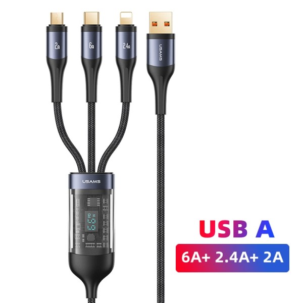 USAMS U83 66W 3 In 1 Digital Display Kabel PD QC Snabb Ladda USB Typ C Kabel För iPhone 14 13 12 Pro Max Huawei  Xiaomi Samsung