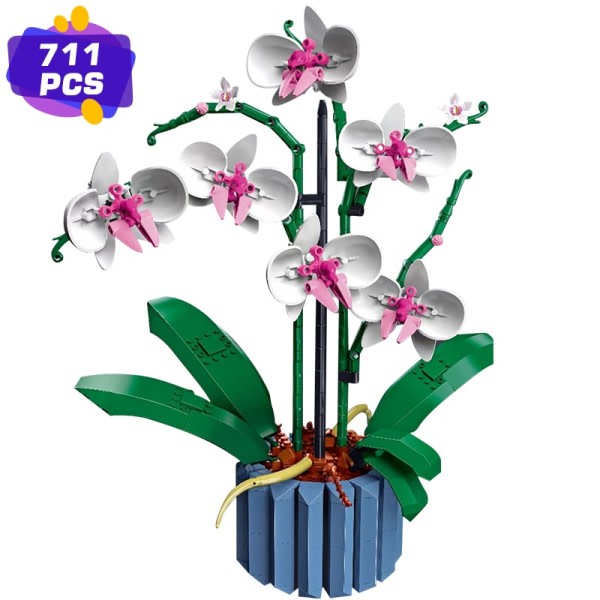 Bukett av konstgjord blomma orkidé kruka växter byggnad klossar modell tegelsten moc flickor leksaker