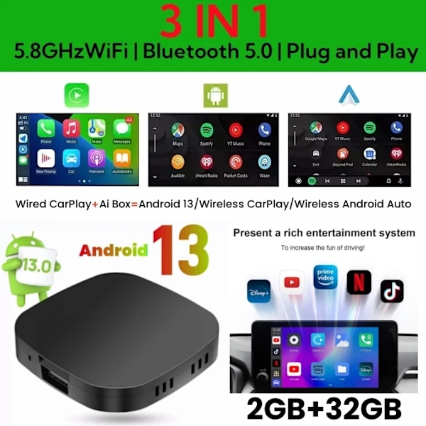 Carplay AI Box Android 13 Trådløs Android Auto Smart TV Box