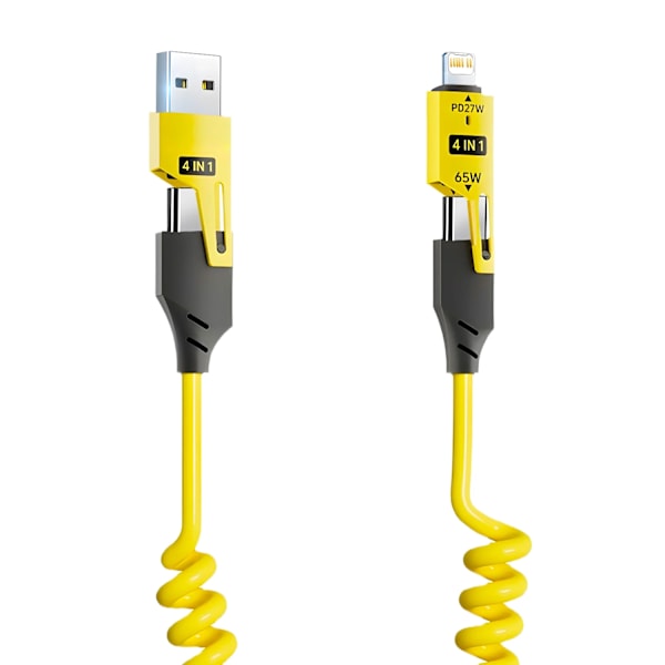 4 in 1 65W Fjäder Kort Data kabel 6A USB Typ C  Fjäder USB kabel för iphone