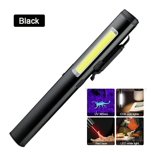 Multifunktionell 4 i 1 LED Ficklampa Mini USB Uppladdningsbar 800mah Penna Klämma Ficklampa
