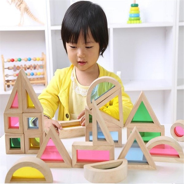 Trä regnbåge stapling block kreativt färgstarkt lärande och pedagogiskt byggande ljus transmission byggnad leksak