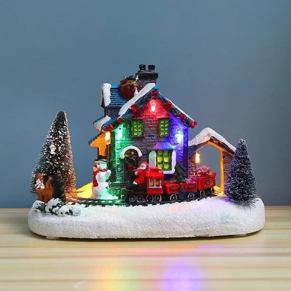 Jul liten tåg by snö hus lysande harts prydnad