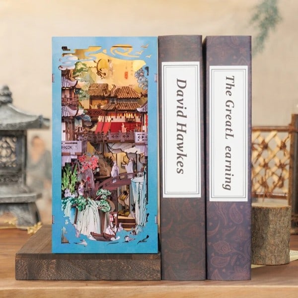 Træ bog krog hylde indsats miniature byggesæt  bogreol montage 3D dukke hus