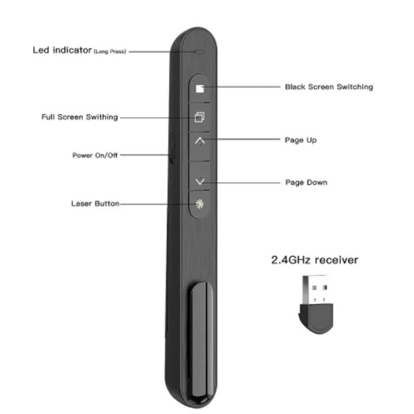 Wireless Presenter Rød Laser Page Turning Pen 2.4G RF Volum Fjernkontroll PPT Presentation USB PowerPoint Pointer