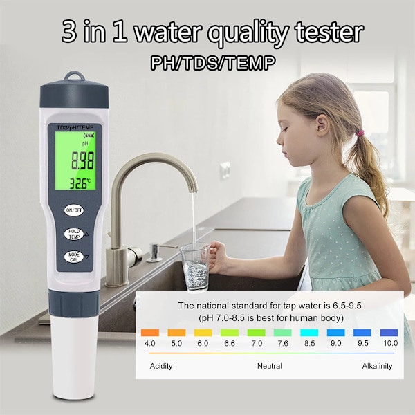 3 IN 1 PH Meter Vatten Kvalitet Tester PH/TDS/TEMP Digital LCD EZ 9901 Monitor Tester För Pooler  Dricksvatten Akvarier
