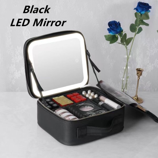 Dam LED Lätt Kosmetisk väska  Spegel Kosmetik väska Lyx PU Stor kapacitet Bärbar Rese Smink väskor