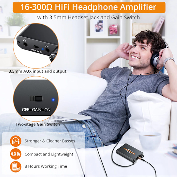 Bærbar HiFi Hovedtelefon Forstærker 3,5 mm AUX Input Output