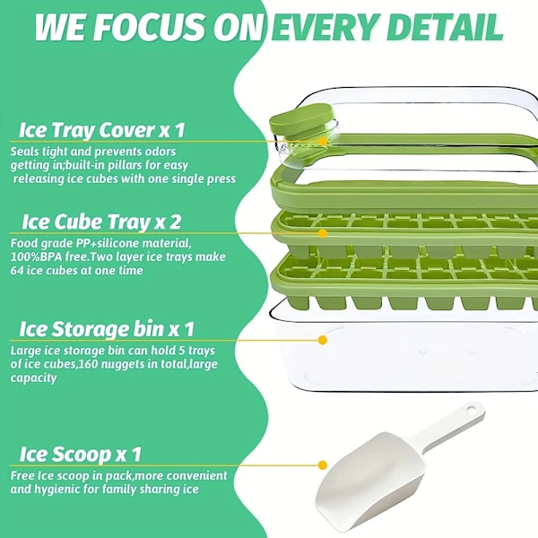 32 Grid Silicon Ice Cube Tray Form Med Lock Spade Förvaring Låda Ta bort Med Ett Klick Ice Maker
