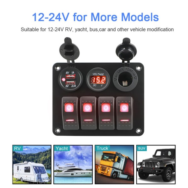 4 painiketta keinu kytkin paneeli volttimittari USB laturit varusteet vene vene auto auto RV matkailuauto vaunut