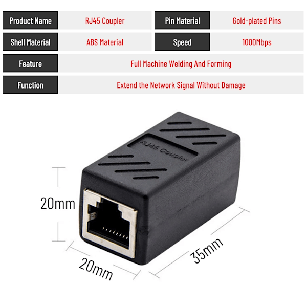 2 delar RJ45 kontakt Nätverk förlängare Ethernet Kabel RJ45 förlängare adapter Gigabit gränssnitt hona till kvinna nätverk kontakt
