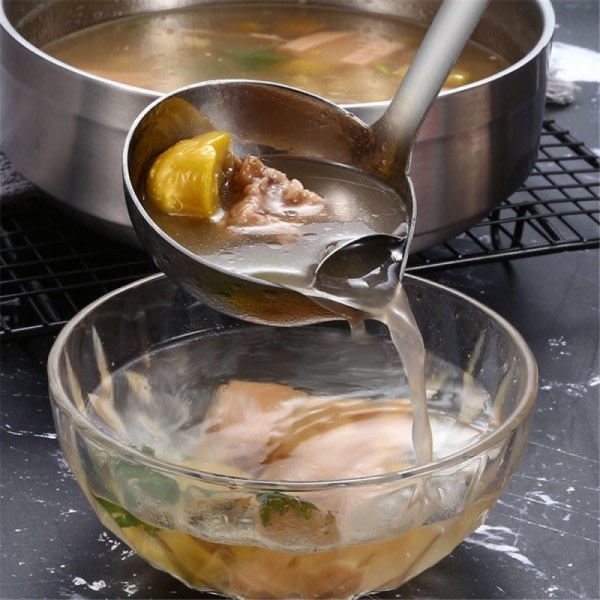 Rustfrit stål dørslag ske suppe kolander køkken suppe sovs olie suppe fedt separator øser skimmer ske