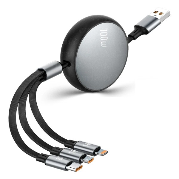 3i1 uttrekkbar 6A 100W USB kabel for iPhone 14 13 12 Pro Max USB To 8 pin/Type C/Micro Rask Lade kabel for Huawei  Data kabel