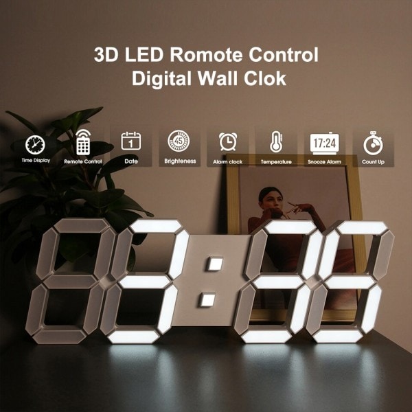 3D LED Væg Ur Stor Digital Væg Ur Med Fjernbetjening Kontrol Alarm Ur