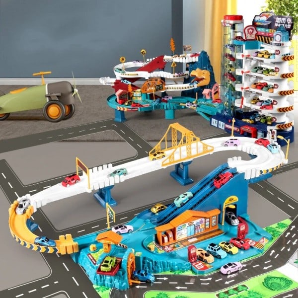 Elektrisk Rail Bil Dinosaur Bygning Parkeringsplass Eventyr Racing Rail Bil Leker
