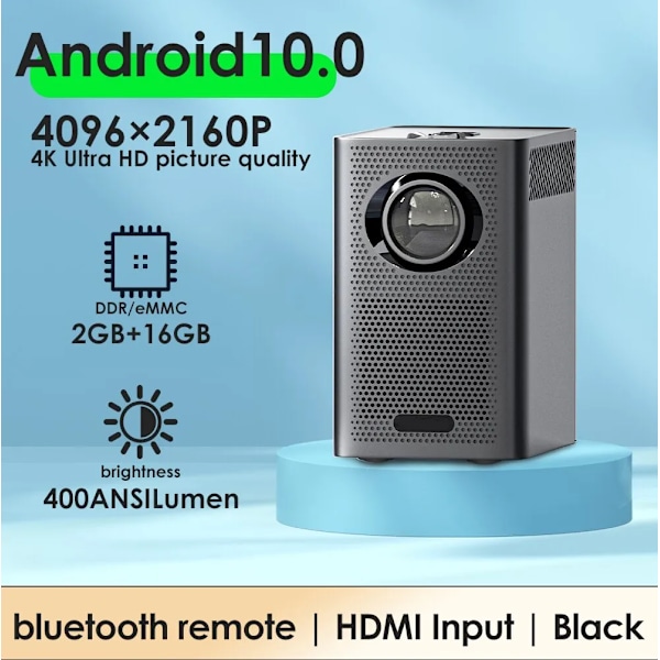 Bærbar projektor med WiFi og Bluetooth lomme utendørs 4K 9500L Android 10.0 projektor