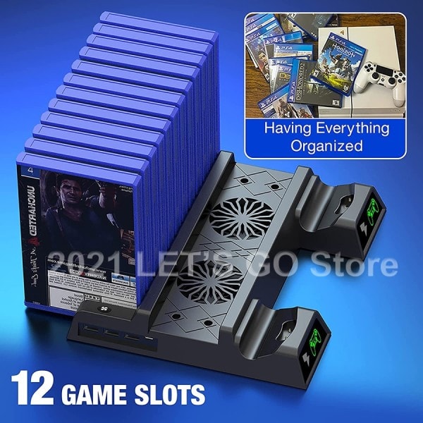 PS4 Slim Pro Vertikal Ställ 2 Kontrollenhet Laddare Station 2 Kylare Fläkt 12 Spel Slot