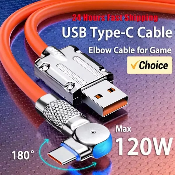 120W 7A Rask Lading USB Type C kabel 180 grader rotasjon albue kabel
