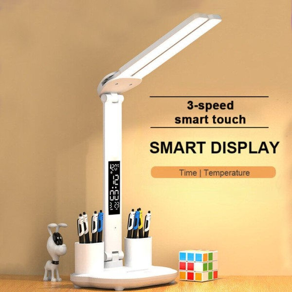 LED Klocka Bord Lampa USB Laddbar Dimbar Skrivbord Lampa Fullbar Ögonskydd Läs Natt Ljus