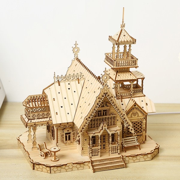 3D træ puslespil villa hus kongeligt slot med lys montering legetøj til barn