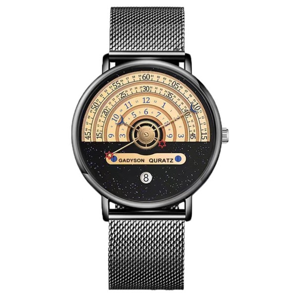 Stjärna och måne koncept svart vit klocka kalender halv roulett hjul tid display mode män's kvarts armbandsklocka