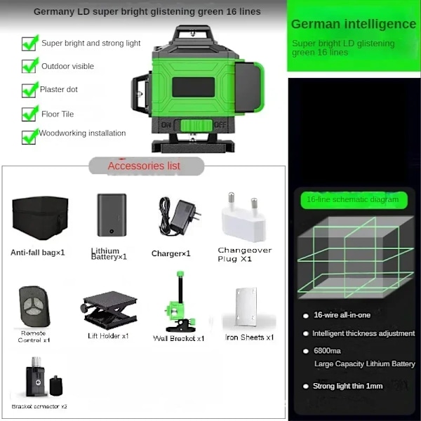 360° Selvnivellerende Laser Level Instrument med 3000mAh Batteri Høy Power Grønn Laser