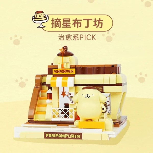 Sanrio Anime Hello Kitty Pochacco Cinnamoroll Pompompurin Kuromi House Bilding Blocks Bricks