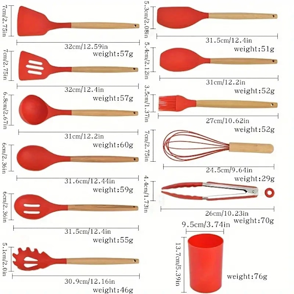 12 bitar set silikon matlagning redskap set med trähandtag