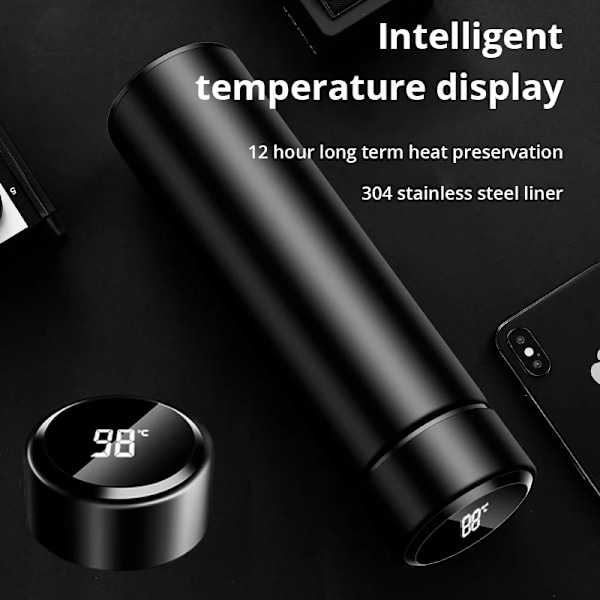 500ml Sort Rustfrit Stål Creative Smart Termos Flaske Temperature Display
