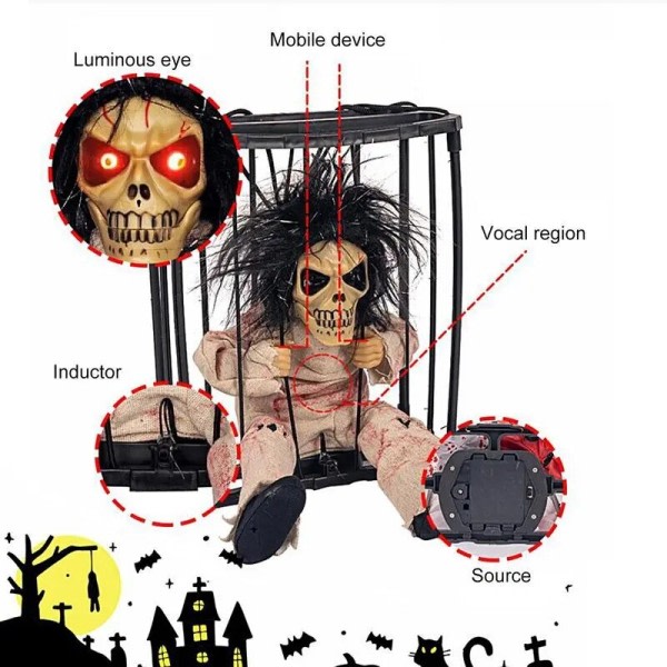 Halloween Dekoration Fange Spøgelse I Bur Skræmme Kranium Prop Elektrisk Skelet Legetøj