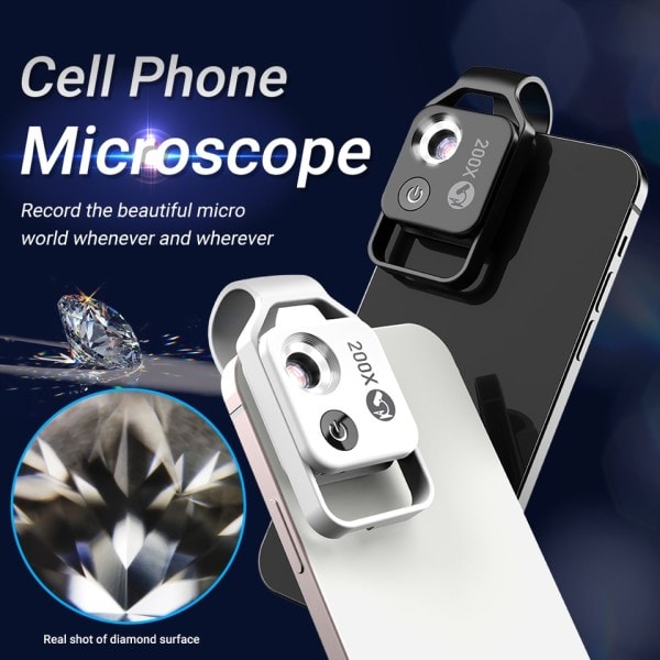 Digital 200X mikroskop linse med CPL mobil LED guide lys lampe mikro lomme supermakro linse