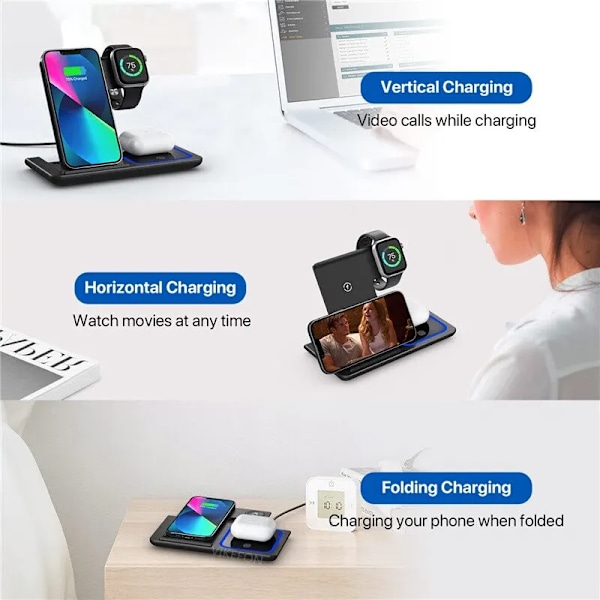 3 I 1 Trådløs Oplader Stativ Pad Til iPhone 14 13 12 11 X Apple Watch 8 7 Airpods Foldbar 15W Telefon Hurtig Opladning Dock  Station